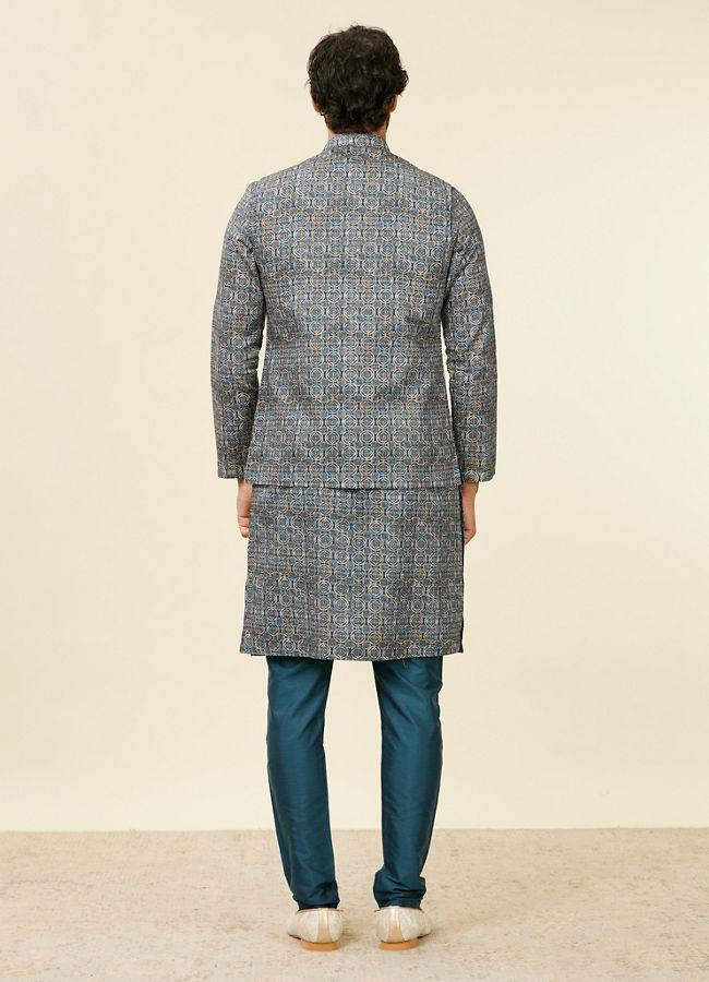 alt message - Manyavar Men Dark Blue Self Patterned Nehru Jacket image number 3